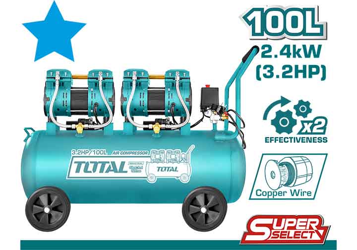 2x1200W (3.2HP) Máy nén khí không dầu 100 lít Total TCS2241008T