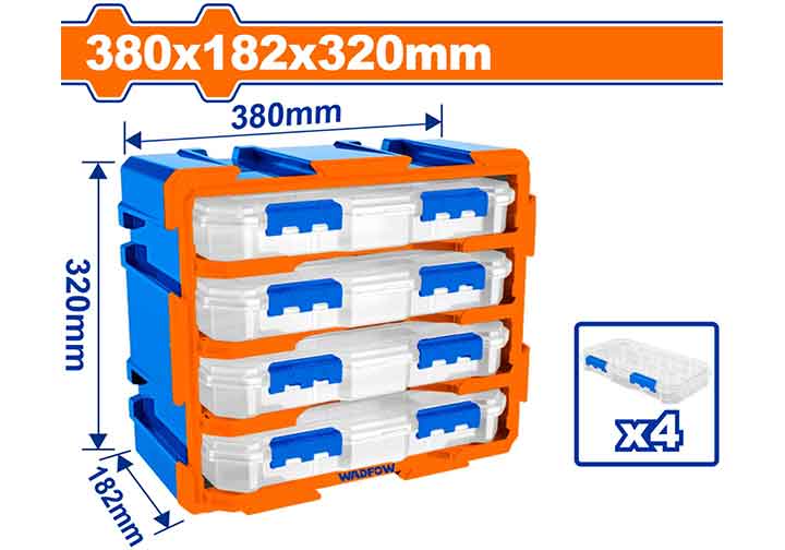 380x182x320mm Bộ tủ 4 hộp nhựa trong suốt đựng linh kiện 13 ngăn Wadfow WTB8344